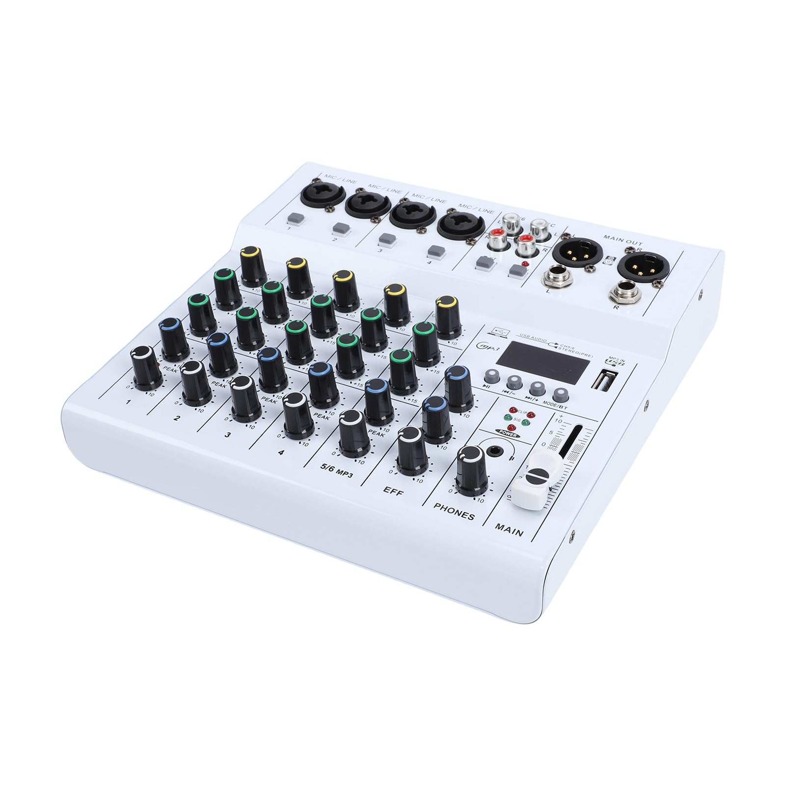 Walmeck 6-Kanal-Mini-Soundmixer, DJ-Controller, Professionelle Aufnahme-Soundkarte mit BT-MP3-Player, 48 V Phantomspeisung, Integrierter Gitarrenverstärker, Tragbare Mischkonsole für (Weiß)