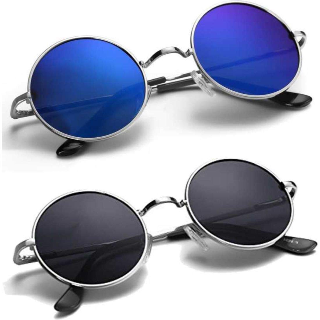 Men Round UV Protected Sunglasses Multicolour Frame, Black, Blue Lens (Free Size) - Pack of 2-image-30