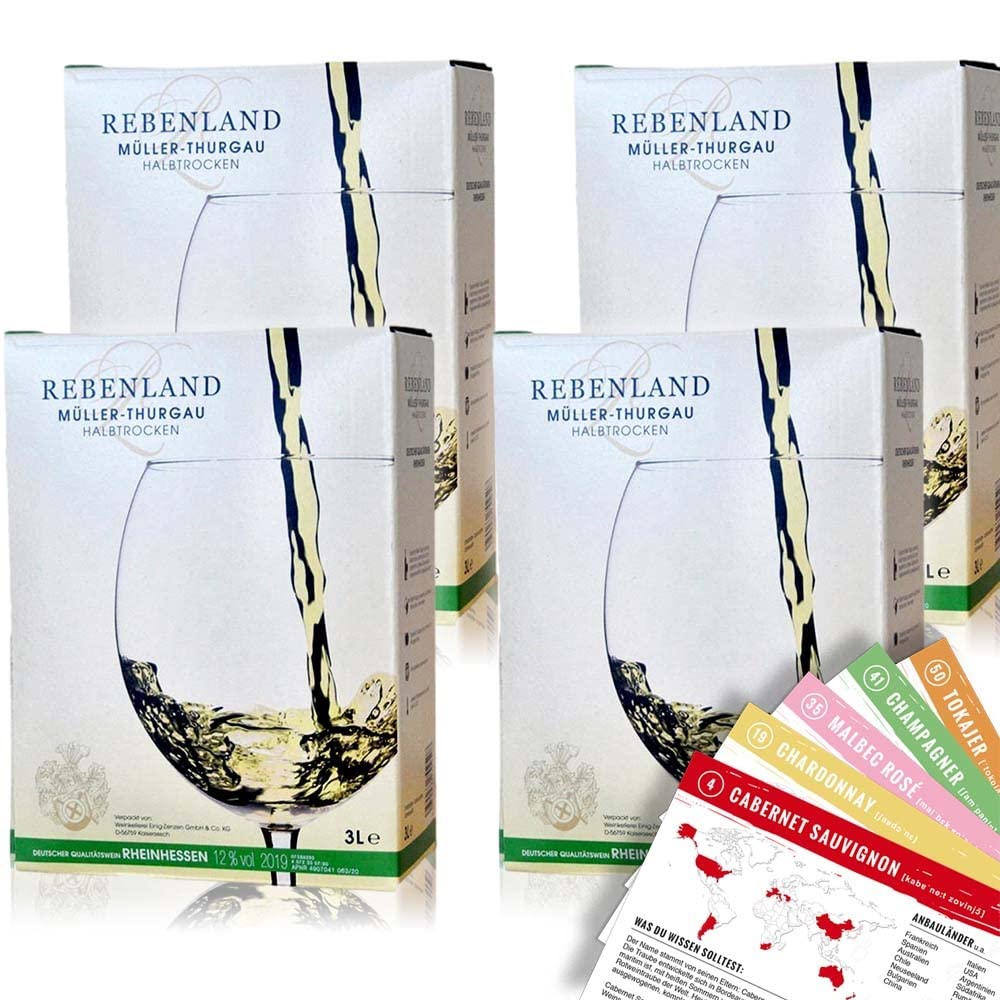Rebenland Müller-Thurgau, halbtrocken, Bag-in-Box, sortenreines Weinpaket + VINOX Winecards (4x3,0l)