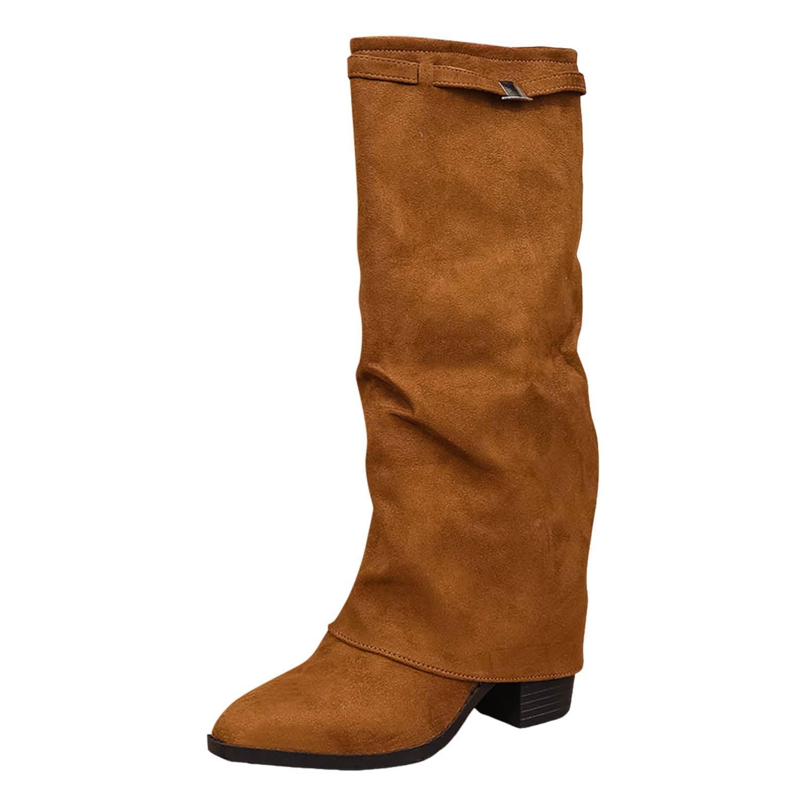 Chunky Knee High Boots for Women Pointed Toe Wide Calf Slip on Fold Over Boots Slouchy Suede Mid