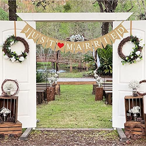 Cartel de arpillera de Just Married, pancarta de arpillera de boda, banderines de arpillera de boda, decoración de recepción de boda, decoración de
