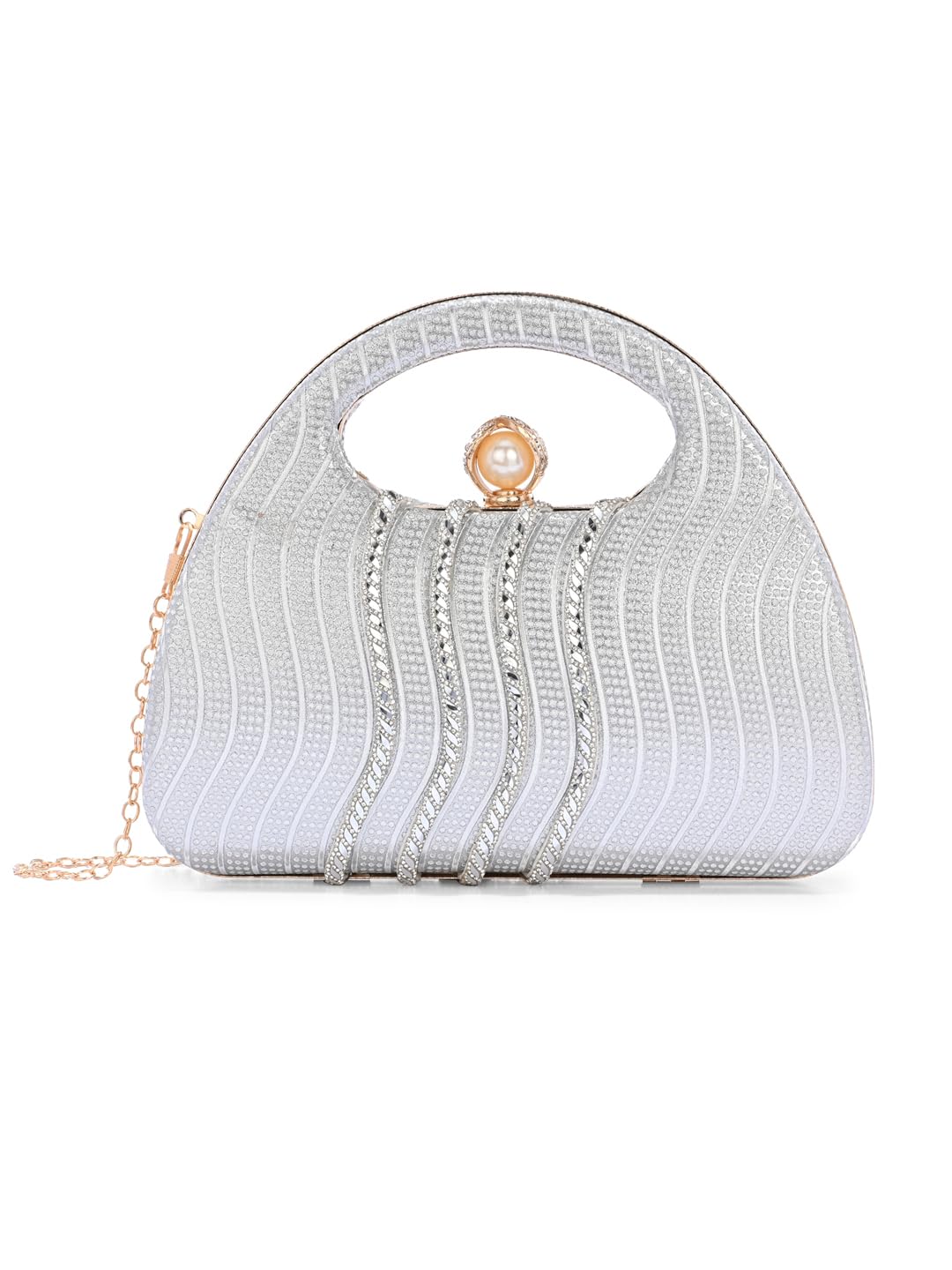 Handicraft Women's Beautiful Bling Box Clutch Bag | Evening Bag, Bridal Purse & Party Handbag | Wedding & Special Occasion Clutch (Silver Waves Piping Fold 2)-image-2