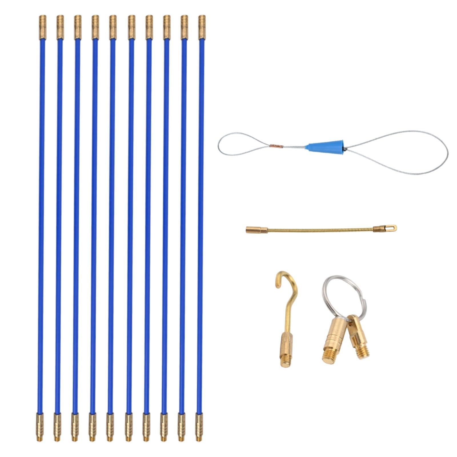 Gettimore Blue Fibreglass Cable Rods 10 Pieces 33cm Length, 4mm Flexible Wire Pulling System with Connectors and Case, Conduit Fish Tape for Cable Installation