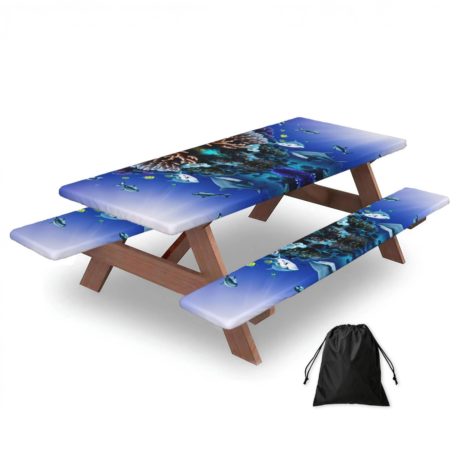 Zyjhyy Black Shark Swimming Under The Sea Print Party Table Covers With Bench Covers Set Of 3 Picnic Table Cloth Wipe Clean For Garden Camping
