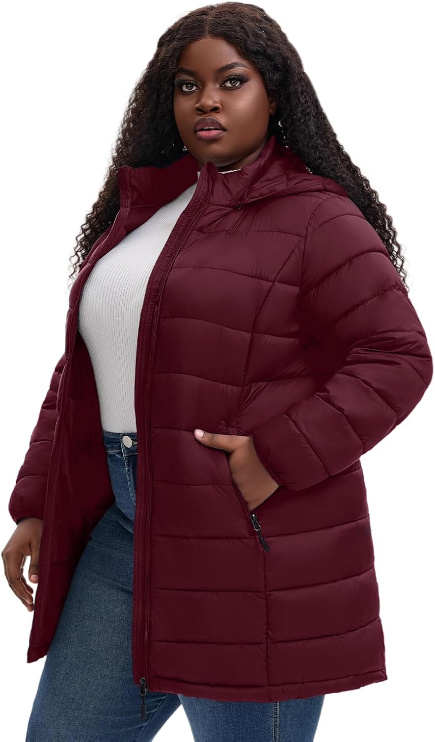 Plus Size Women Packable Puffer Jacket 1X-6X Water-Resistant Lightweight Puffer Coat Detachable Hood - Image 2