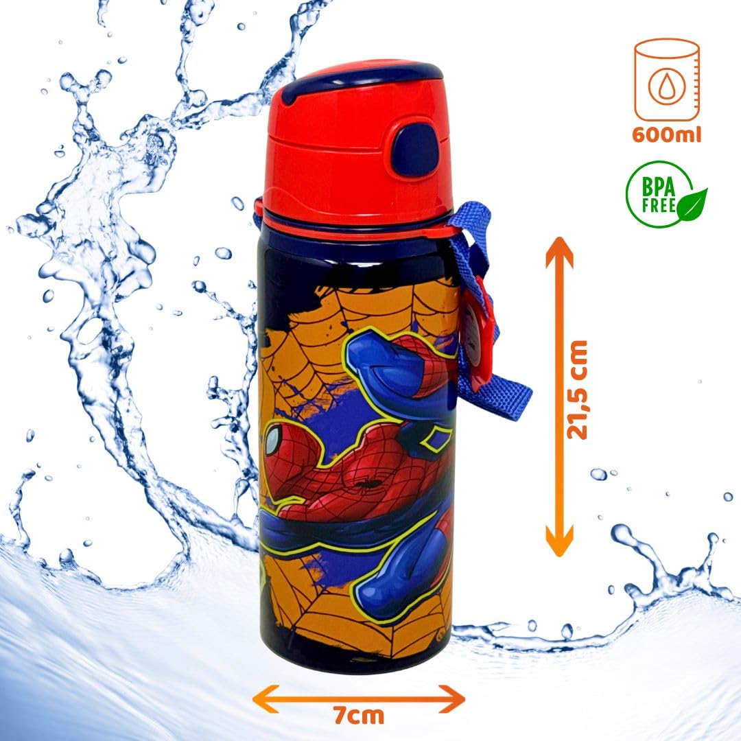 Clondo Borraccia Bambini 600ml Alluminio Cannuccia Tracolla Bottiglia Acqua Anti-Goccia Spiderman
