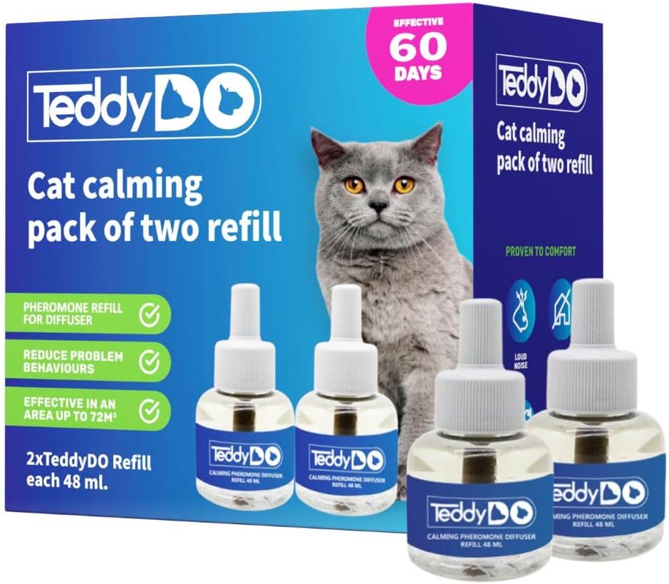 TeddyDo Calming Diffuser Refill for Cats | Pack of Two| 60 Days Kit | Reduce Spraying, Scratching and Other Problematic Behaviors | Calming and Relaxing Effect | 2×48 ml | TeddyDo Calming Diffuser Refill for Cats | Pack of Two| 60 Days Kit | Reduce Spraying, Scratching and Other Problematic Behaviors | Calming and Relaxing Effect | 2×48 ml |