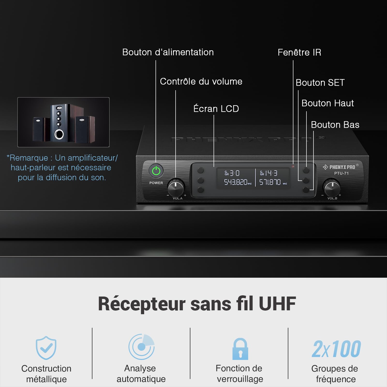 Phenyx Pro Système de Microphone sans Fil PTU-71A, 2x100 Canaux UHF, 328ft Range, Microphone pour Chant