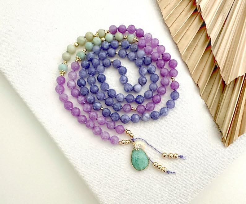 Perles de méditation authentiques en tanzanite et amazonite de 8 mm