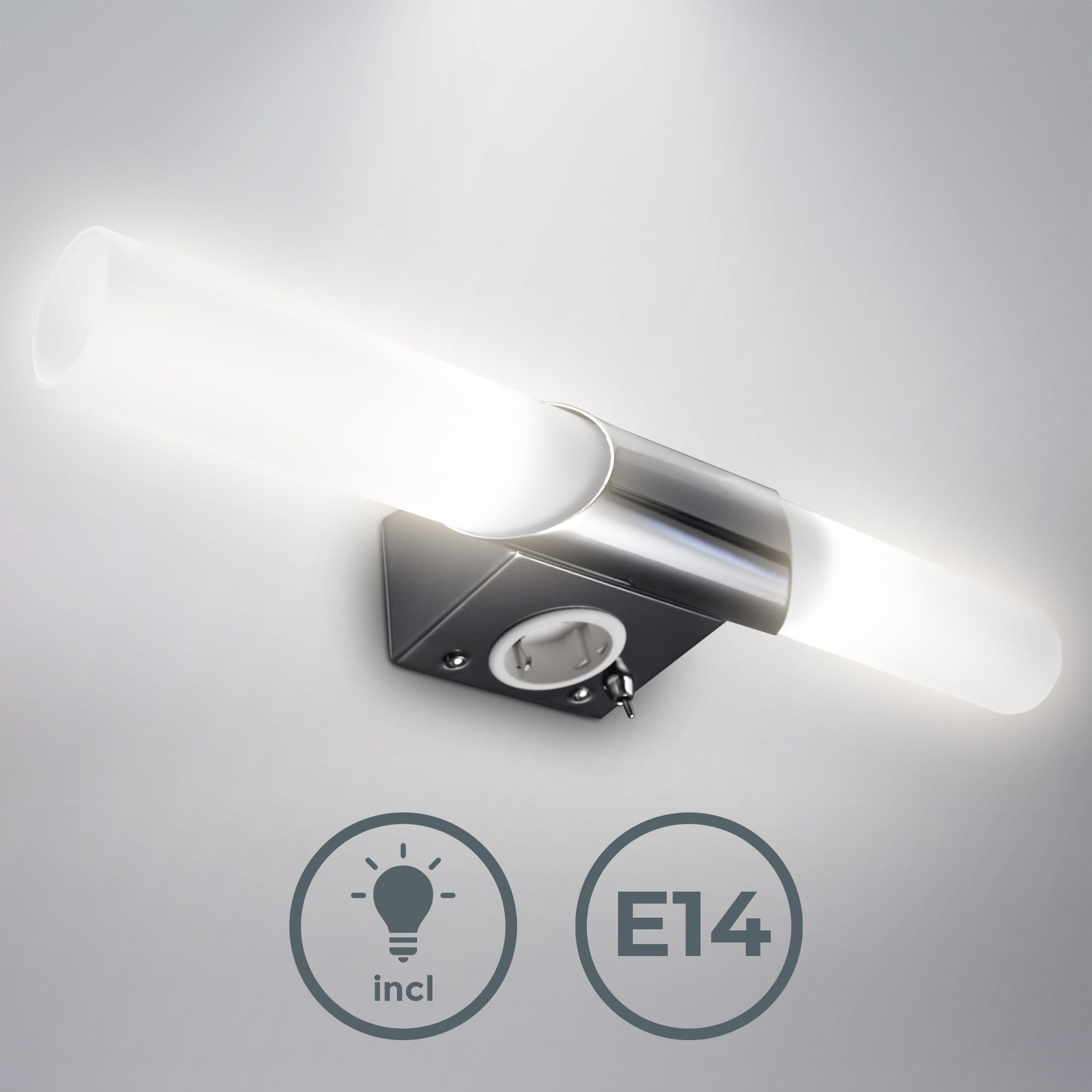 B.K.Licht - Spiegelleuchte Bad mit Steckdose, warmweiße Lichtfarbe, Kippschalter, Badezimmerlampe, Spiegellampe Bad, Lampe Badezimmer, Badlampe Wand, Wandlampe Badezimmer, 44,5x6x11 cm, Chrom