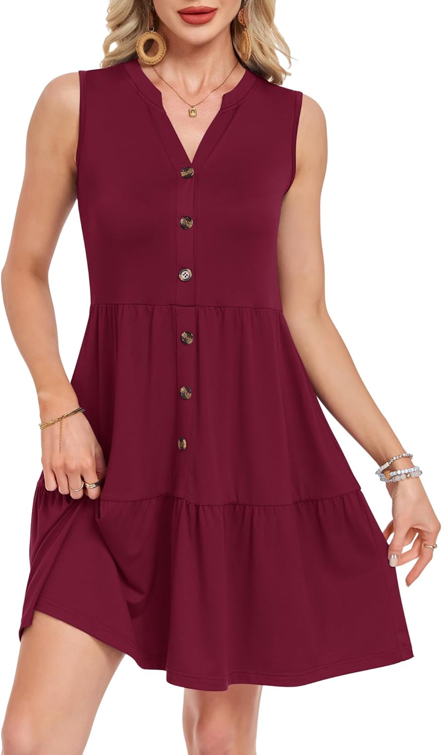 Casual sleeveless Vneck sundress for beach vacation with pockets