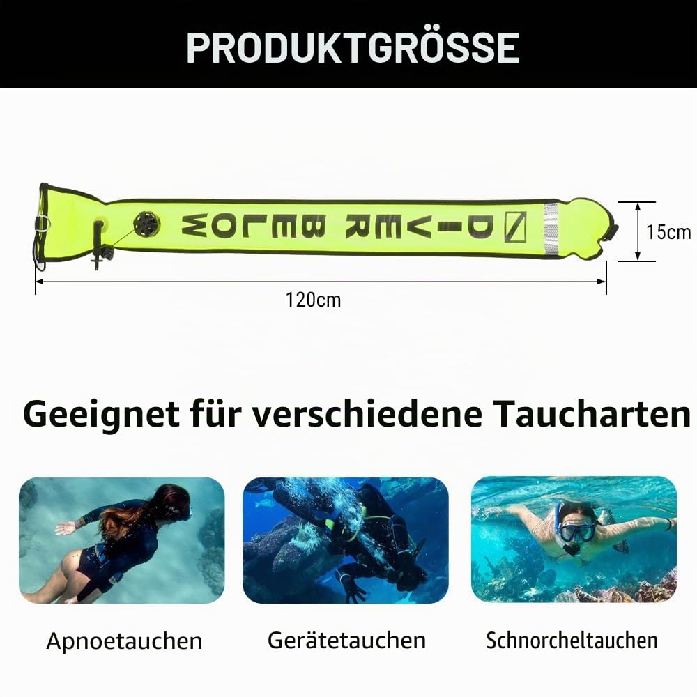 DEWIN Schwimmboje, 120 x 15 cm Aufblasbare Tauchboje mit Überdruckventil, Tauchsignalröhre für Warnung vor Meeresschnorcheln und Tieftauchen, Höchst Sichtbar für Sicherheit