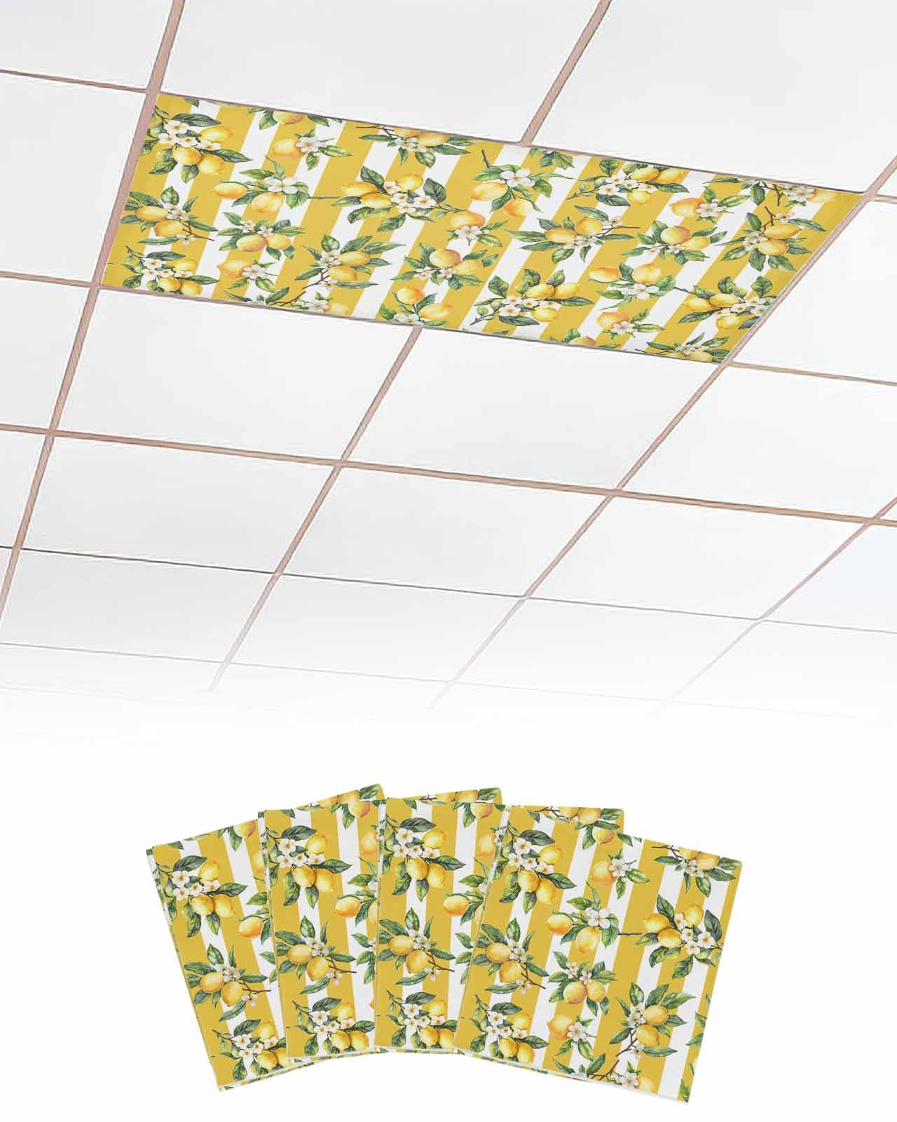 EwdeWwo Lemon 4 Pcs Fluorescent Light Covers for Ceiling Lights, Summer Yellow Stripes Magnetic Light Filters for Eliminate Harsh Glare Classroom Office Decoration, 4 x 2 Ft