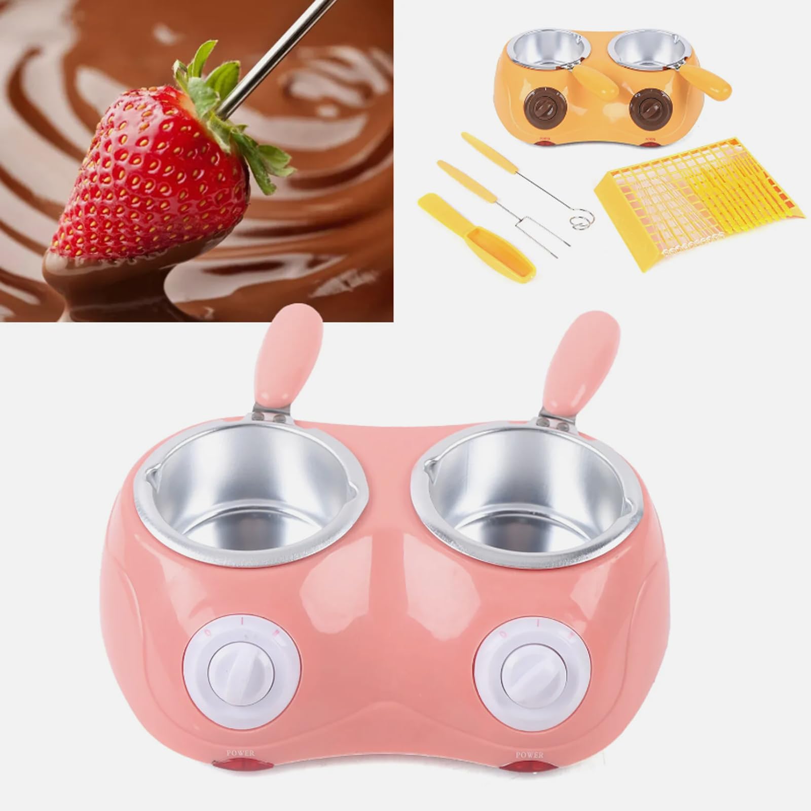 JINEKU Household Electric Chocolate Melting Pot, Double Pot Design, Adjustable 45-70°C, Non-stick, Easy to Clean, Melts Butter, Cheese, Sugar and Wax Quickly,Pink