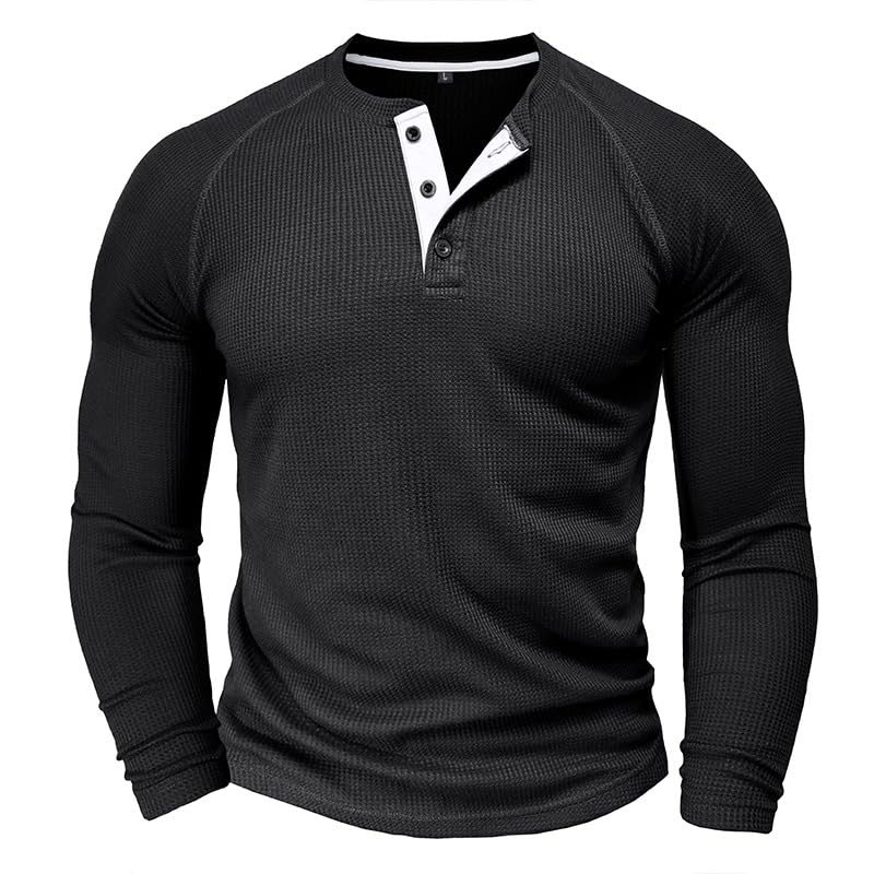 Men's Round Neck Waffle Long Sleeve Casual Henley Bottom T Shirt Fashion Pullover 3-Button Sweatershirt Basic2