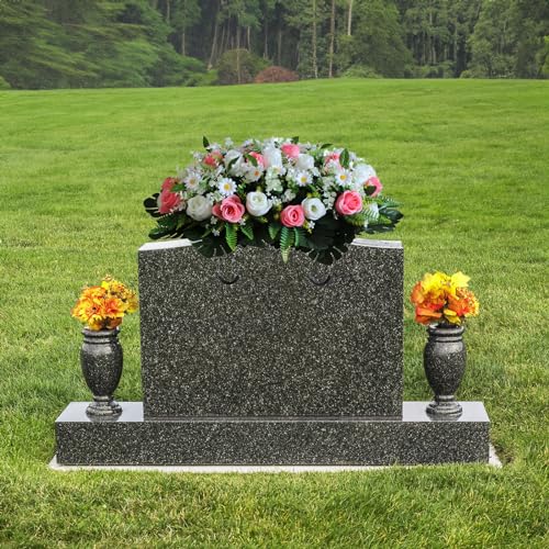 Cemetery Flowers - Outdoor Grave Decorations Cemetery Headstone Saddle Flower Arrangement in Rose Collection Grave Marker Decoration Sympathic Flowers (White Rose+Pink Rose) image 3