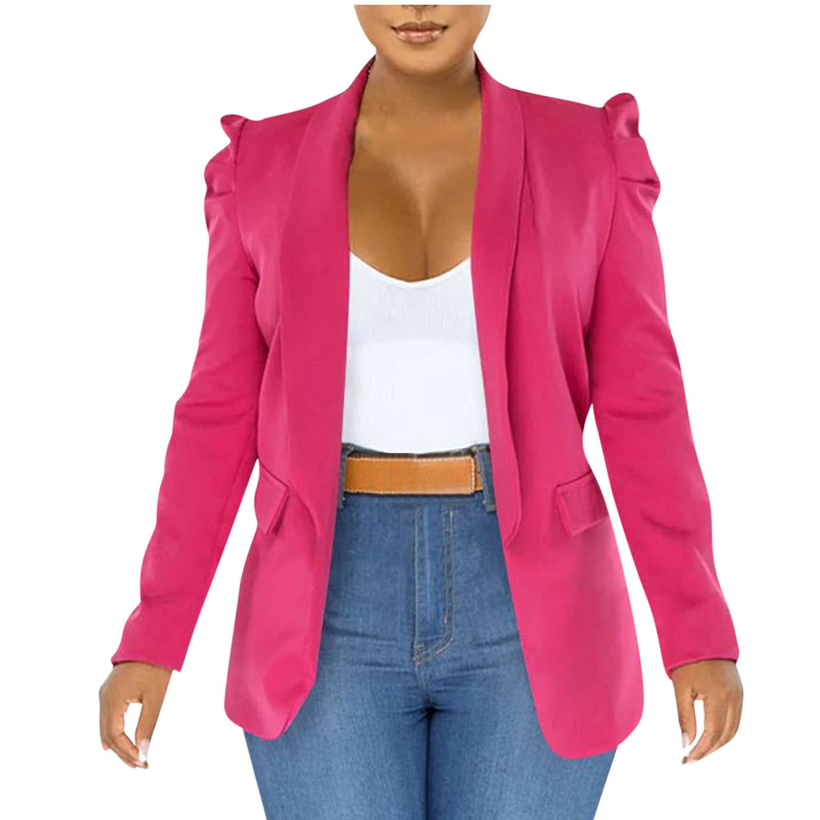 Womens Puff Sleeve Lapel Blazers Open Front Work Office Suit Long Sleeve Lightweight Casual Blazer with Fake Pockets