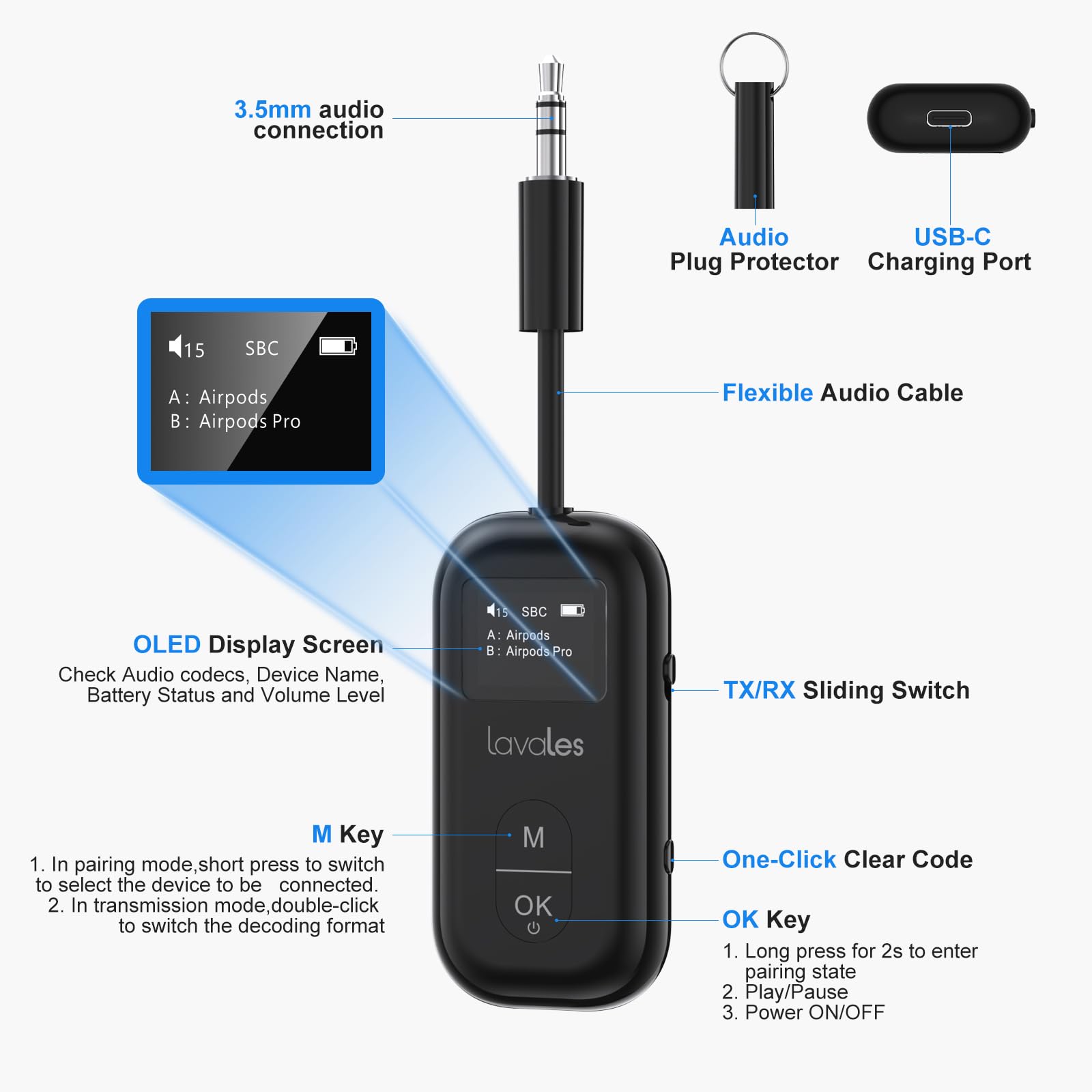 Éetteur-récepteur Audio Bluetooth 5.4 2 En 1, éetteur/récepteur HiFi, Appels HD, Prise RCA/AUX