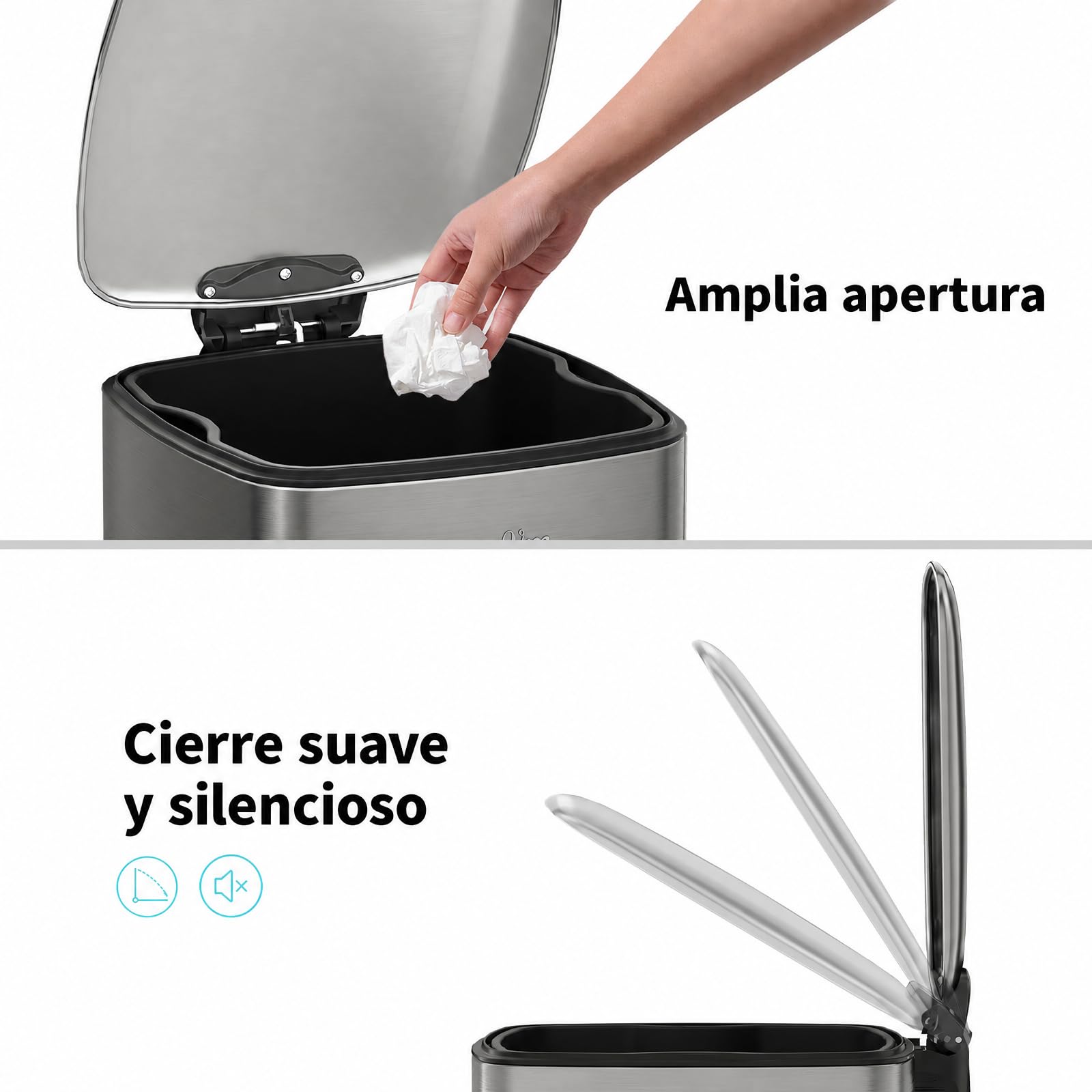 mVm Papelera de Cocina Slim de Acero Inoxidable, 30L Diseño Rectangular Alto y Estrecho, Tapa Fina con Cierre Suave, Cubo Interior Extraíble, Pedal Antideslizante, 4 Colores Gris