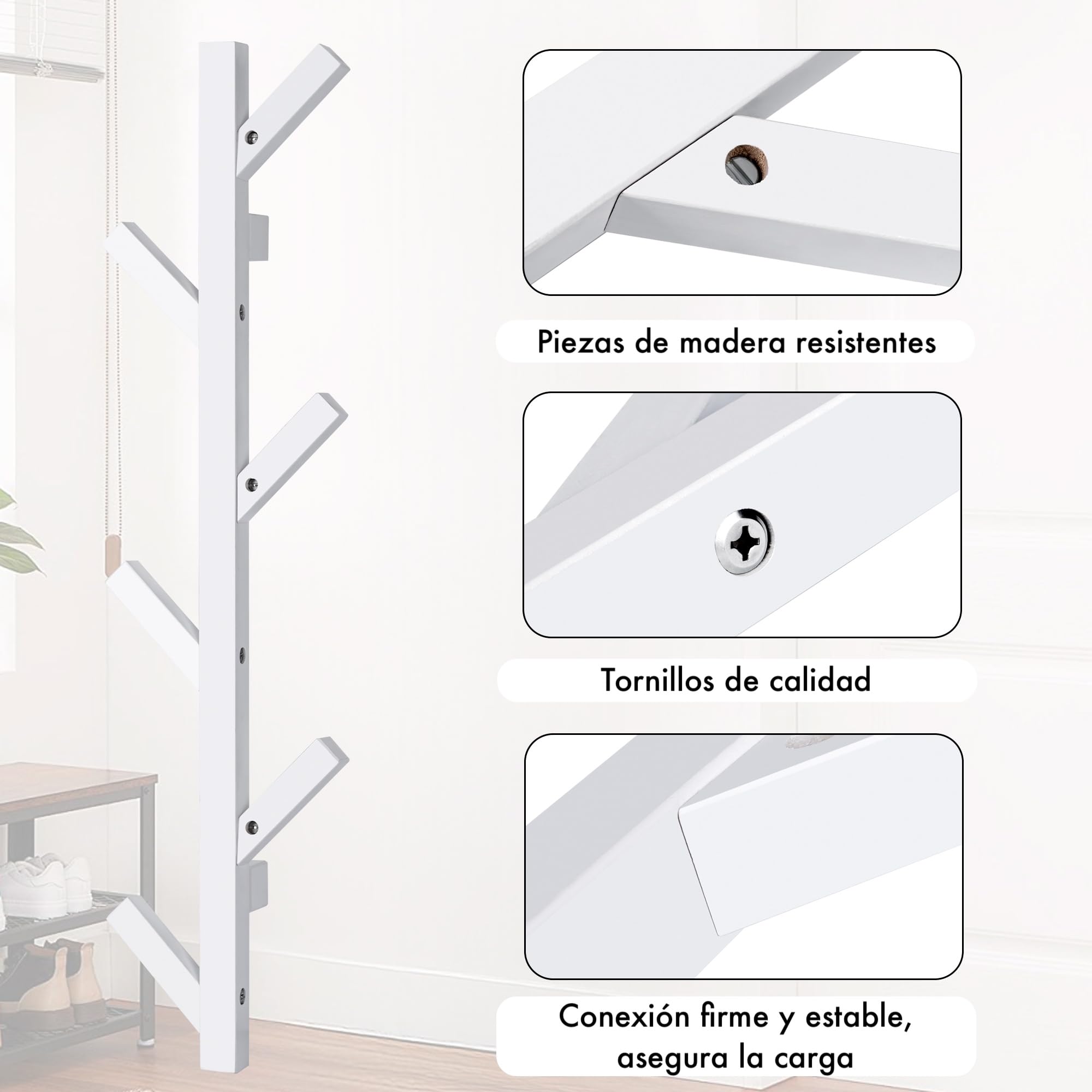 T-LOVENDO.ES Perchero de pared madera maciza de haya vertical 6 Ganchos. Moderno. Ideal recibidor, entrada, salón, dormitorio. Diseño moderno. (Blanco)