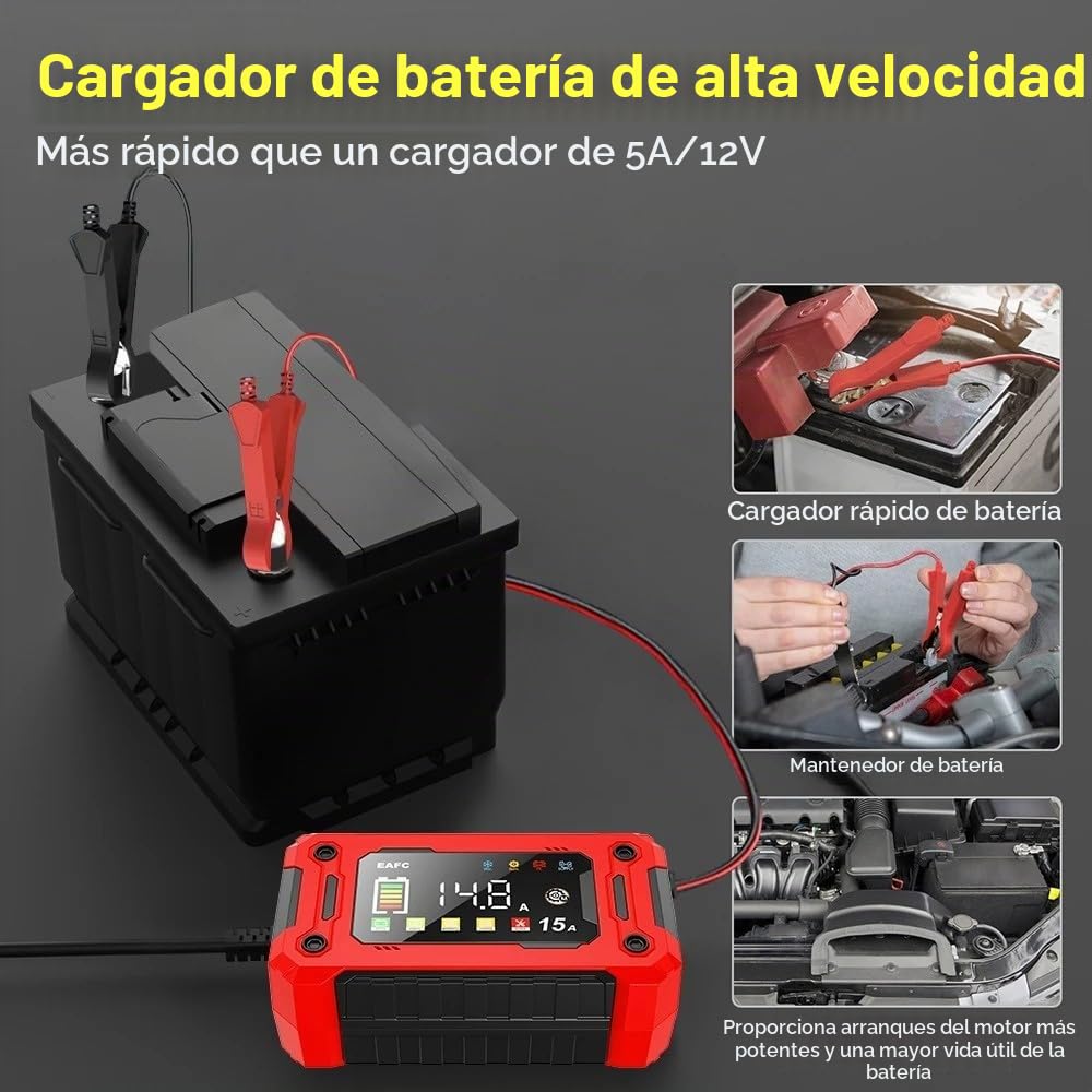 Cargador de batería Inteligente para Coche de 12 V 15 A, 4Ah-300Ah, con reparación por pulsos, Arranque automático, Cargador rápido para baterías de Plomo-ácido para Motocicletas y Camiones.