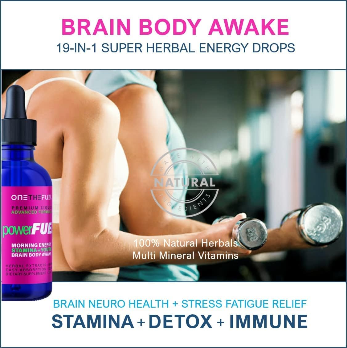 PowerFuel 2oz. Plant-Based Brain Body Multi Energy Drops. Stress Fatigue Relief. Hydration Detox Endurance Supplement. Korean Ginseng Maca Goji + 100% Natural Pure Vegan 19 Herbal Tincture : Health & Household
