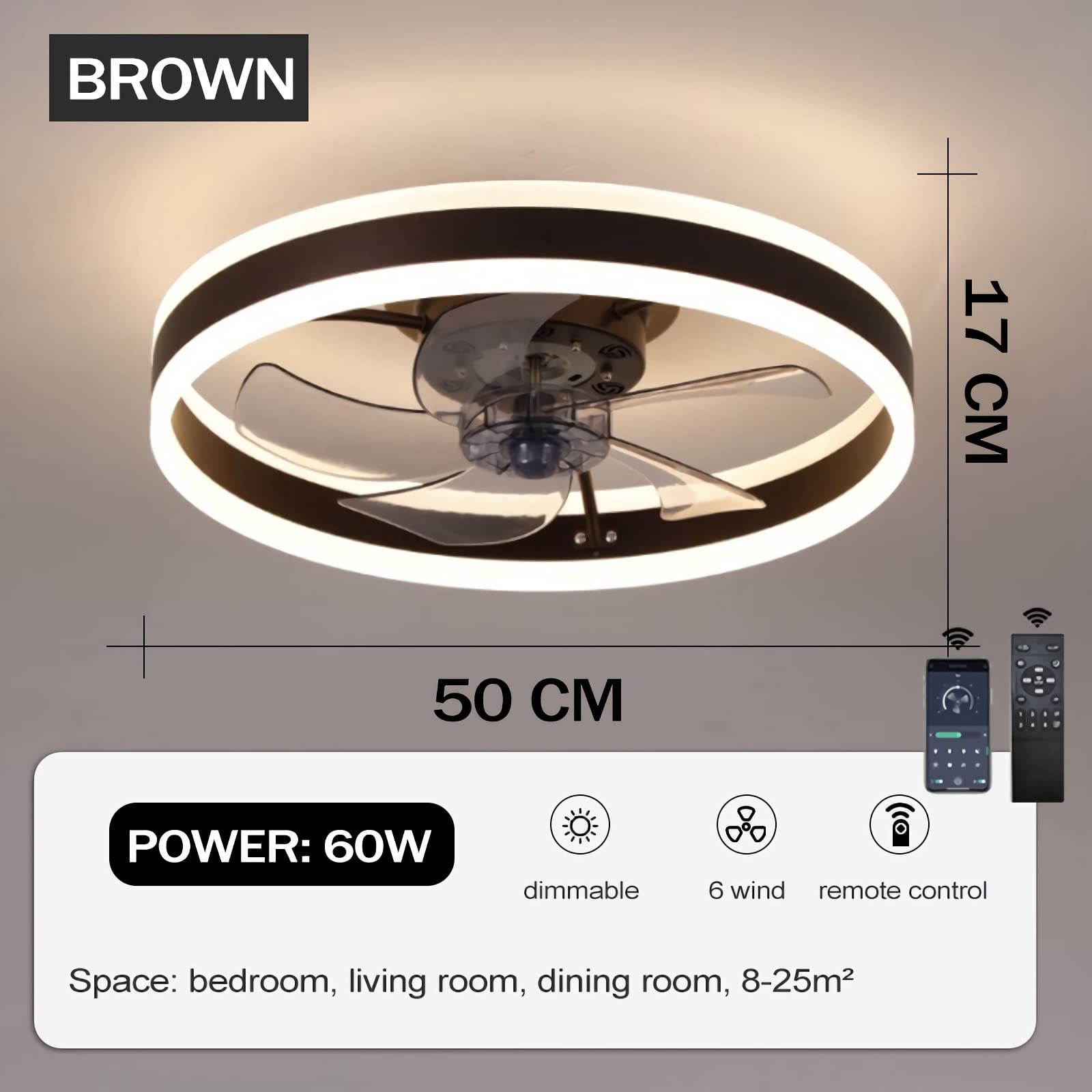 Cichy Wentylator sufitowy ze światłem i zdalne sterowanie, LED 60W Lampa sufitowa Nowoczesny Niski profil Wentylatory sufitowe dla Salon Sypialnia Oświetlenie, 6 prędkości (brązowy, 50CM)