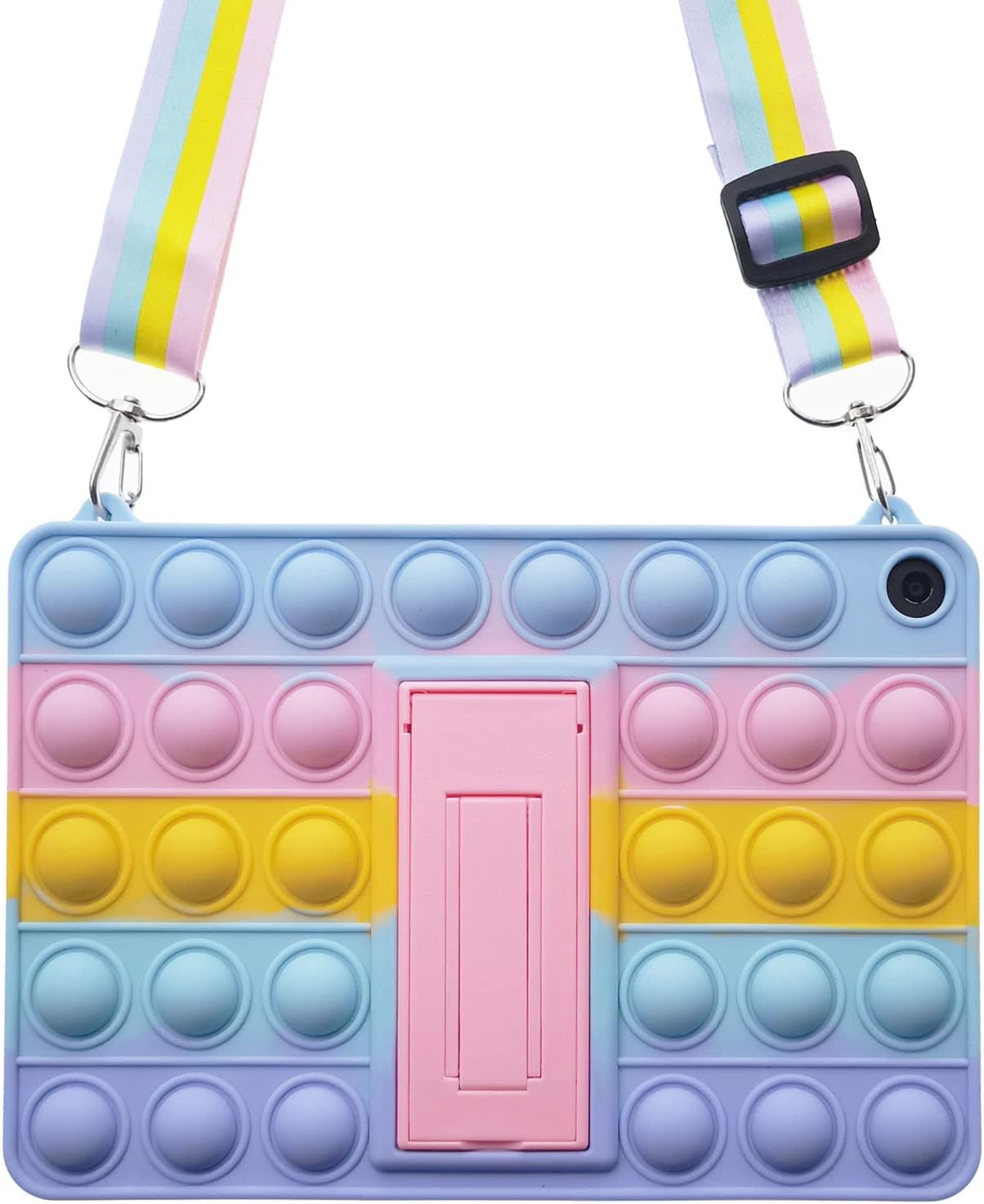 iZi WayPop It Tablet Case for Amazon Fire HD 10 10.1" Kids (9th & 7th Generation, 2019 / 2017 Release) , Fidget Toy Popit Poppet Push Bubble Wrap Cute Silicone Cover Stand Lanyard - Rainbow