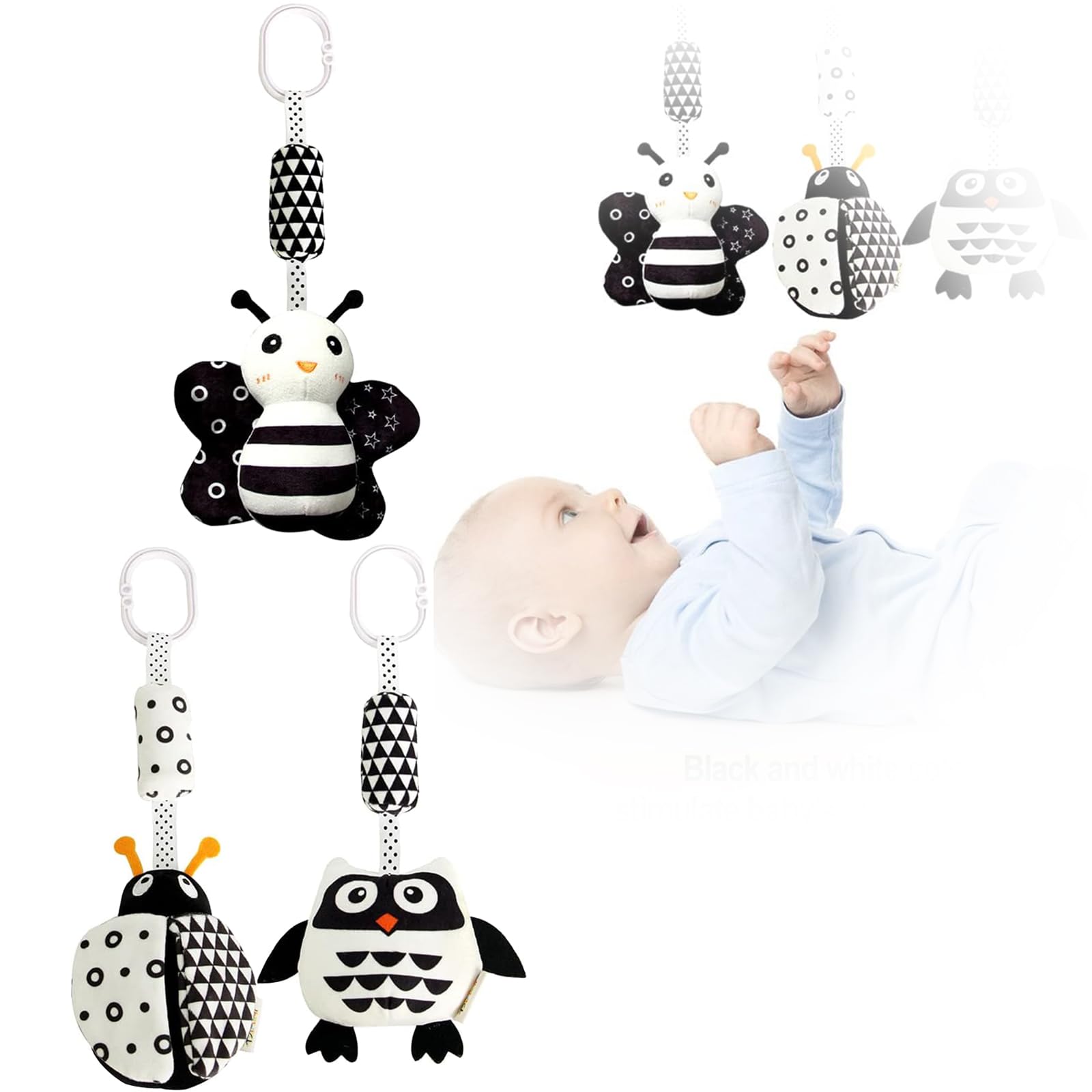 NALACAL 3 Pack Hanging Rattle, High Contrast and Plush, Car Seat with Black and White Cartoon Shapes (Ladybug, Bee & Owl)