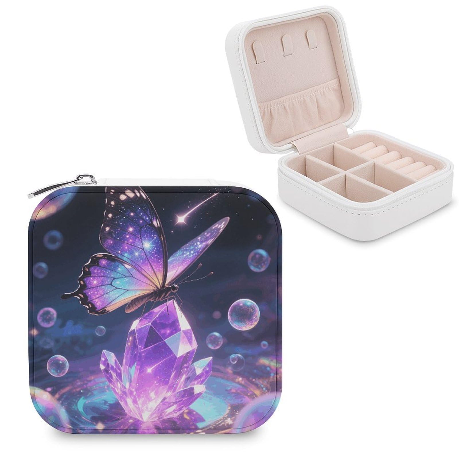 VstaDank Magical Butterflies Jewelry Organizer Travel Case for Women With Zipper Mini Jewelry Case PU Leather Jewelrys Box for Rings Necklaces Bracelets Earring Holder Organizer Storage