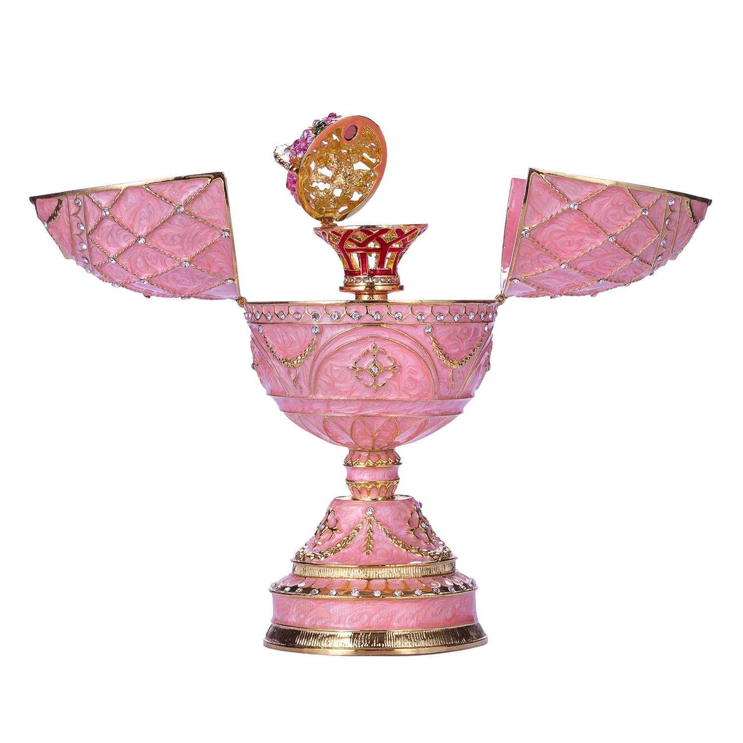 danila-souvenirs Jajko muzyczne w stylu Faberge, Szkatułka na biżuterię z koszem kwiatów 17 cm różowe