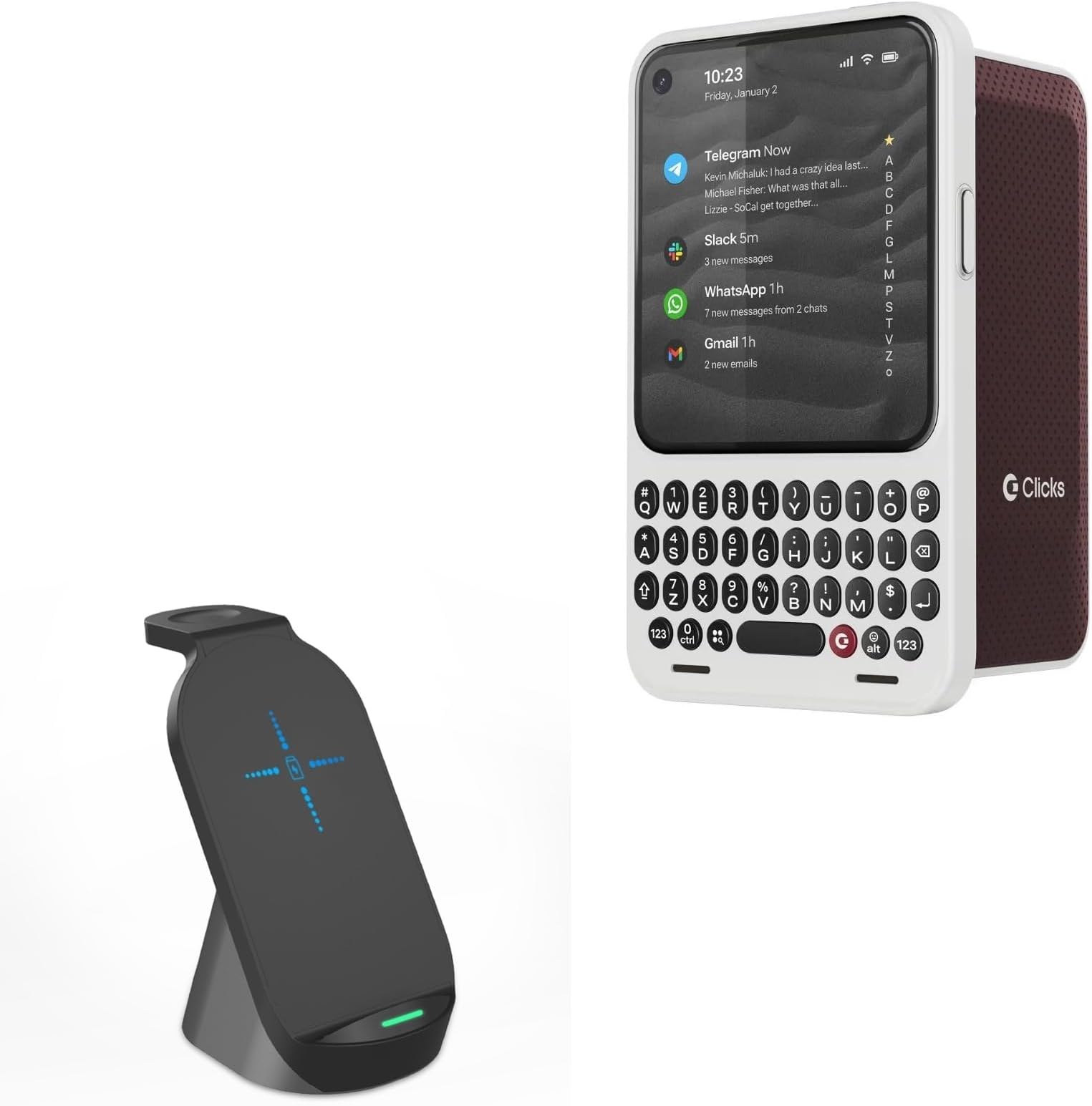 BoxWave Charger Compatible with Clicks Communicator (4.3 in) - Compact Wireless MultiCharge Stand (10W), Wireless Qi Stand Charger Watch Earbuds - Jet Black
