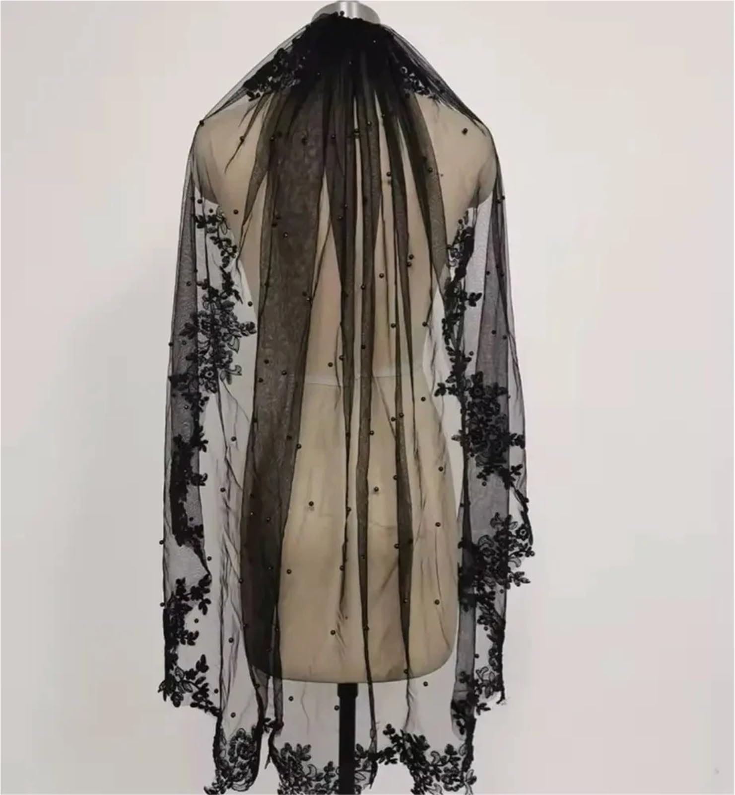 Generico Czarna perłowa długa krótka welon ślubny - 1-warstwowy welon ślubny z grzebieniem, eleganckie akcesoria ślubne