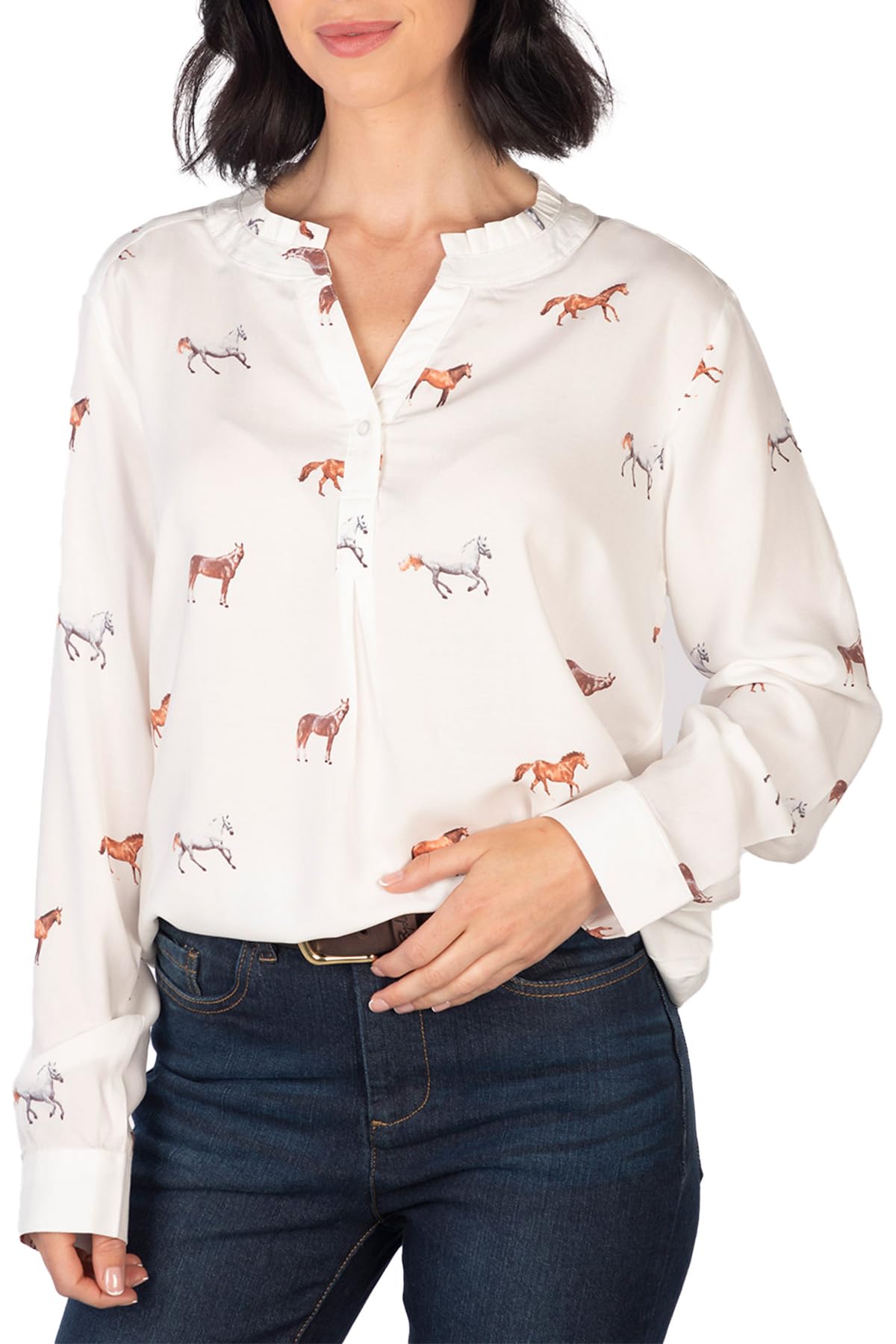 Rydale Ladies Floaty Long Sleeved Blouse Womens Shirts Button Up Print Shirts (UK, Numeric, 10, Regular, Regular, Horse White)
