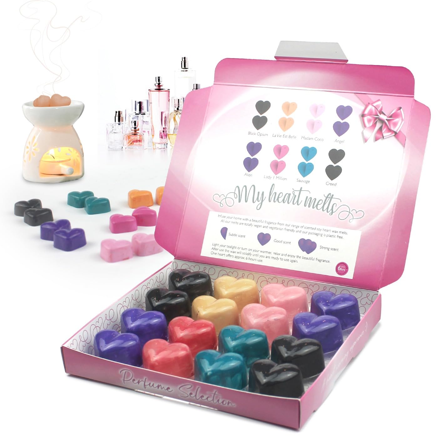 Spotless Leopard Women's Mixed Perfume 8X2 Mixed Perfume Wax Melts: X 2 Pcs Heart Shaped High Street Perfume Scented Wax Melts - 2 Each Of Alien, Angel, Black Opium, Creed, Lady Million, Madam Coco Sauvage & La Vie Est Belle Size 8