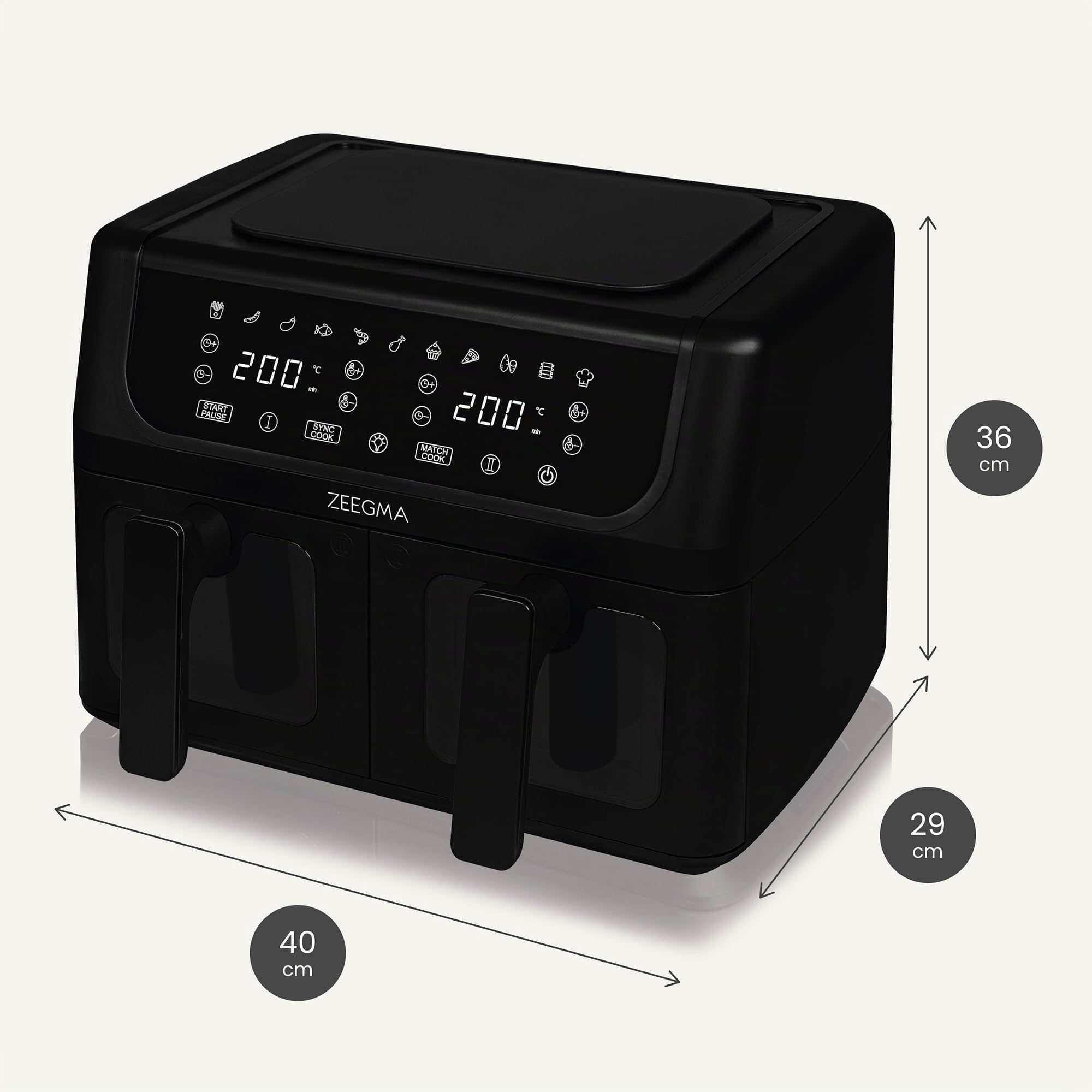 ZEEGMA KNAPPER DUAL Freidora de Aire Con Compartimento Doble 1700 W, 2 Compartimentos, 9 L de Capacidad, 11 Programas, Temperatura 60-200 °C Calentamiento Instantáneo 60 s Panel táctil