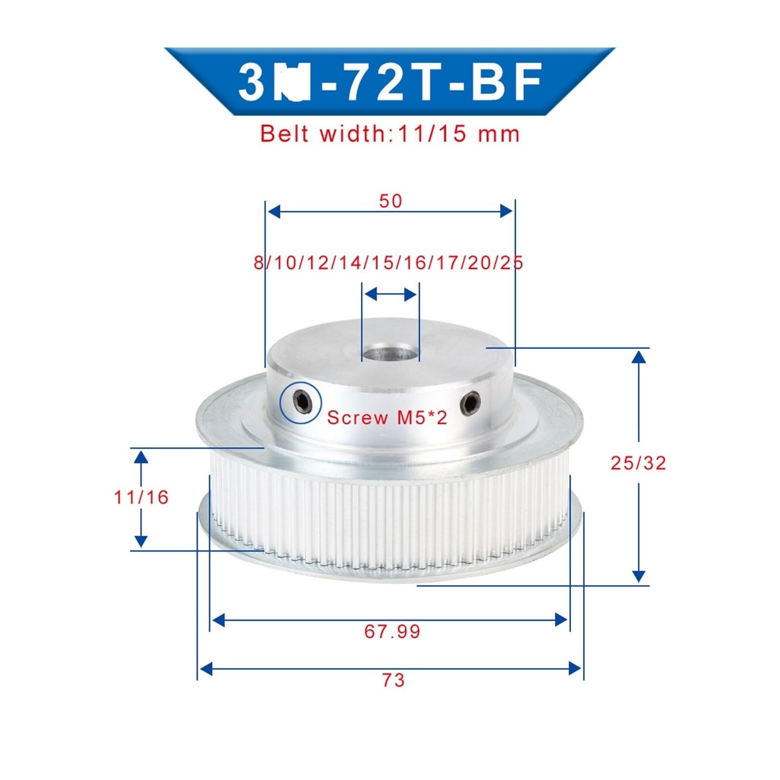 Polea de aleación 72T de alto rendimiento de 3 modos para maquinaria de precisión de 8/10/12/14/15/16/17/20/25 mm, construcción de aluminio ligero, ideal para aplicaciones de 15 mm (10 mm) de ancho