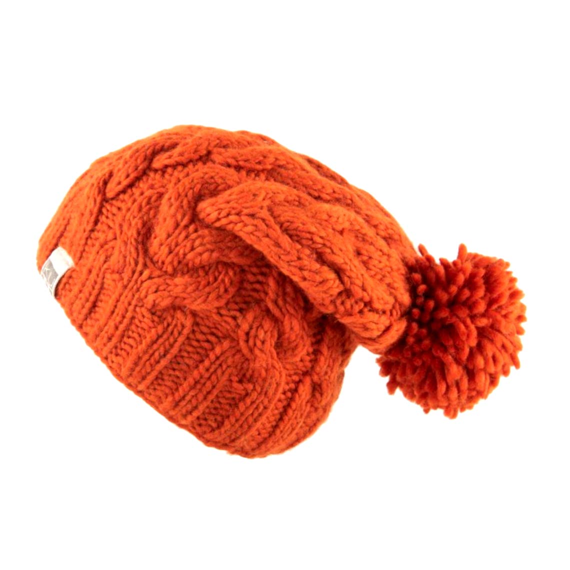 Kusan 100% Wool Cable Knit Bobble Beanie Hat (Unisex) (Orange)