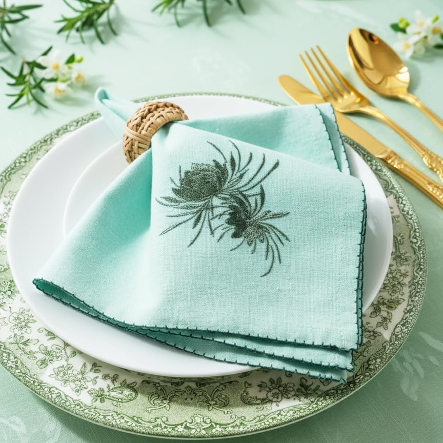 RUSTIQUE LINENS Luxury Embroidered Dinner Napkins, Set of 6, 18x18 Inch Cotton-Rich Cloth Napkins with Floral Motif for Holiday Hosting, Weddings & Formal Table Settings, Green Bloom