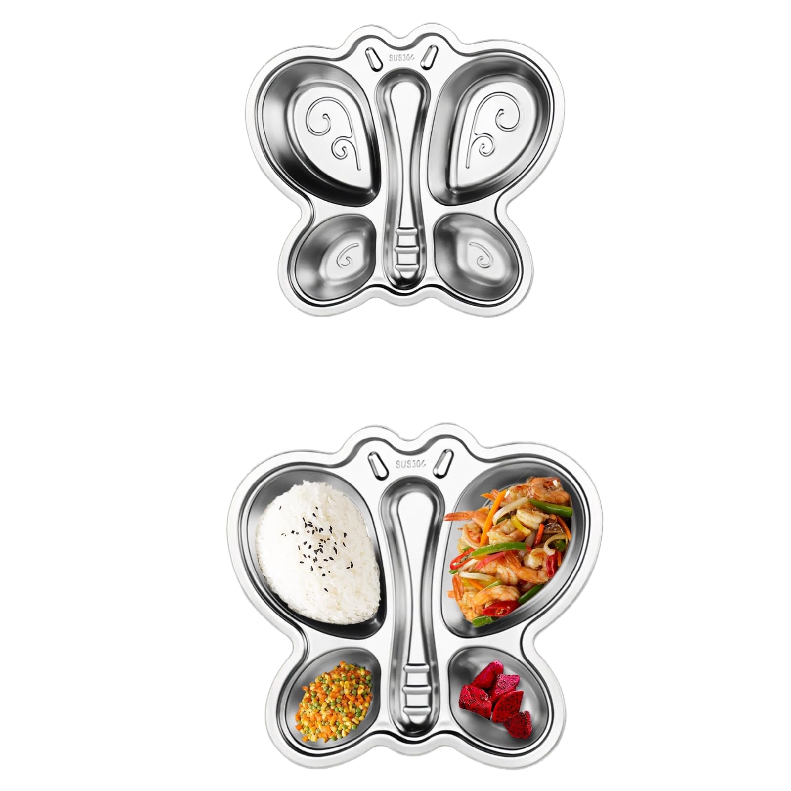 2-Piece Stainless Steel Divided Plates, Stainless Steel Plates for Kids, Butterfly-Shaped 4-Section Lunch Trays, easy to clean, Suitable for Home,
