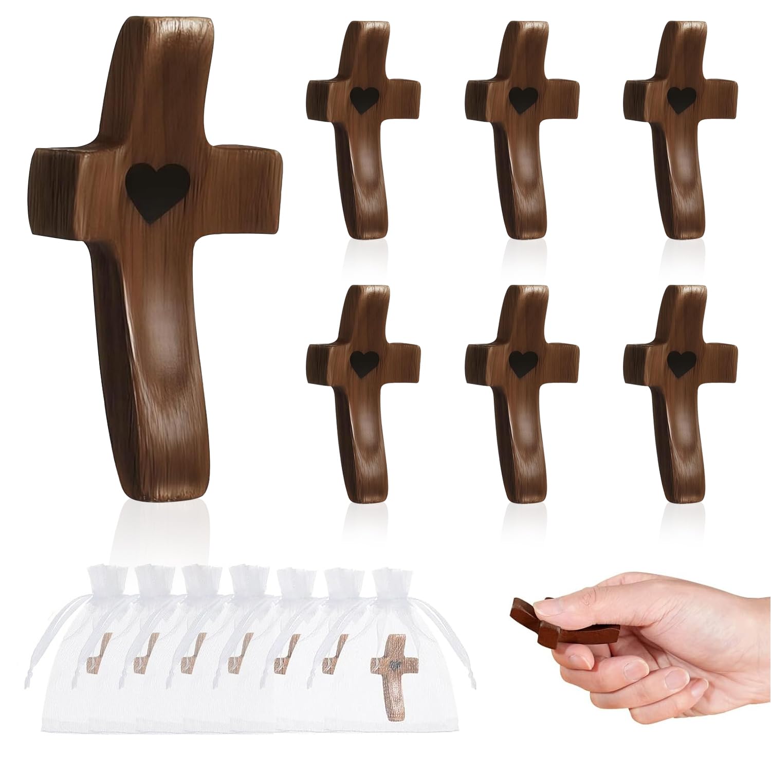 Wonninek 7Pcs Wooden Crosses Handheld for Praying, Pocket Stress Relief Cross My Heart for Christian Clutching, Clinging Religious Gift Set, with Organza Bags