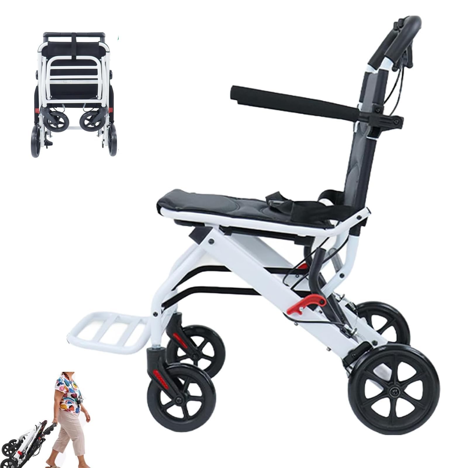 Sedia a rotelle da trasporto leggera, pieghevole, per adulti, con braccioli ribaltabili, cintura di sicurezza e pedale, sedia a rotelle portatile, ideale per anziani e viaggi, supporta 90,7 kg
