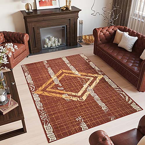 TAPISO Atena Tapis de Salon Chambre Ado Design Moderne Marron Crème Beige Motif Grec Rayé Fin Poil Court 140 x 200 cm
