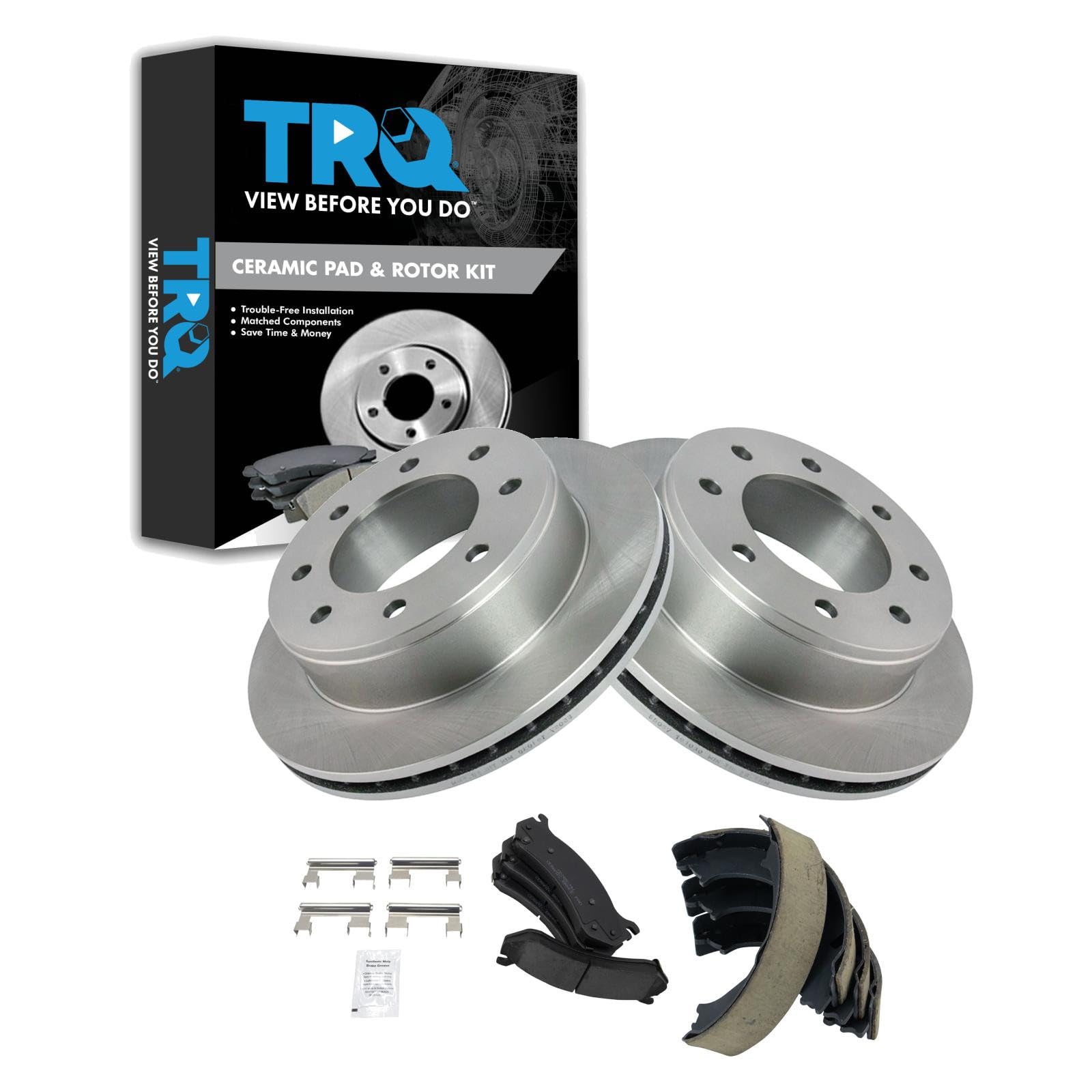 TRQ Rear Brake Pad and Rotor Set Ceramic Compatible with 1999-2007 Chevrolet Silverado GMC Sierra 1500 2500 HD Suburban 2500 Yukon XL 2500 2003-2007 Hummer H2