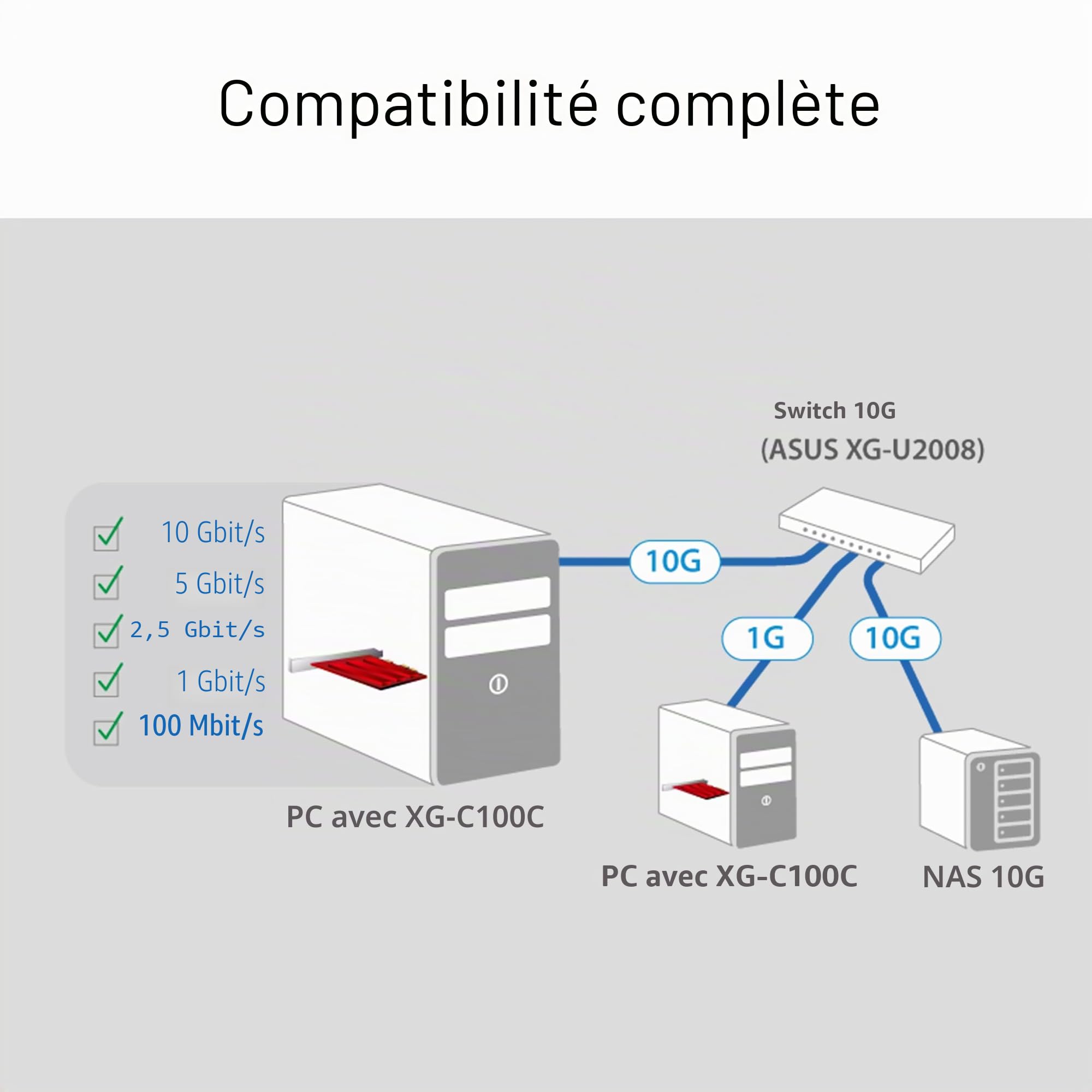 ASUS XG-C100C carte réseau Ethernet 10000 Mbit/s Interne - Cartes réseau (Interne, Avec fil, PCI Express, Ethernet, 10000 Mbit/s, Gris, Rouge)