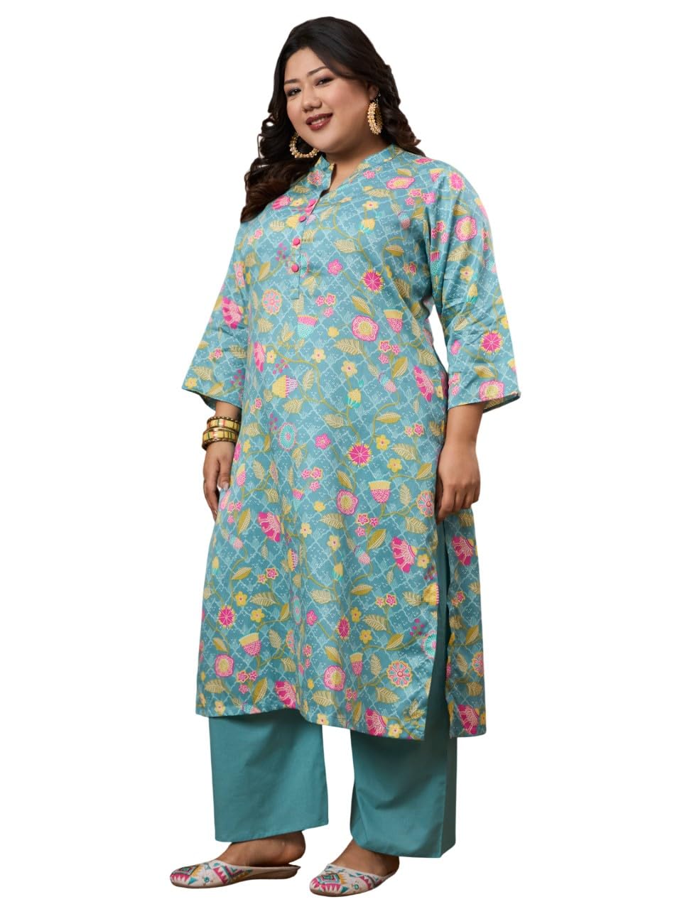 tissu Women's Plus Size Sea Green Floral Printed Cotton Satin Kurta with Palazzo-picture-28