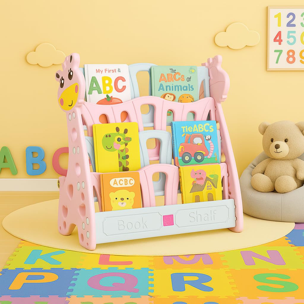 Ok Play Animal Theme Bookshelf for Kids | 4-Tier Display Rack | Storage | Organizing | Kids Bookcase | Perfect for Home, Play-Schools, Nursery | Easy Assembly | Compact | Portable | Pink & Grey