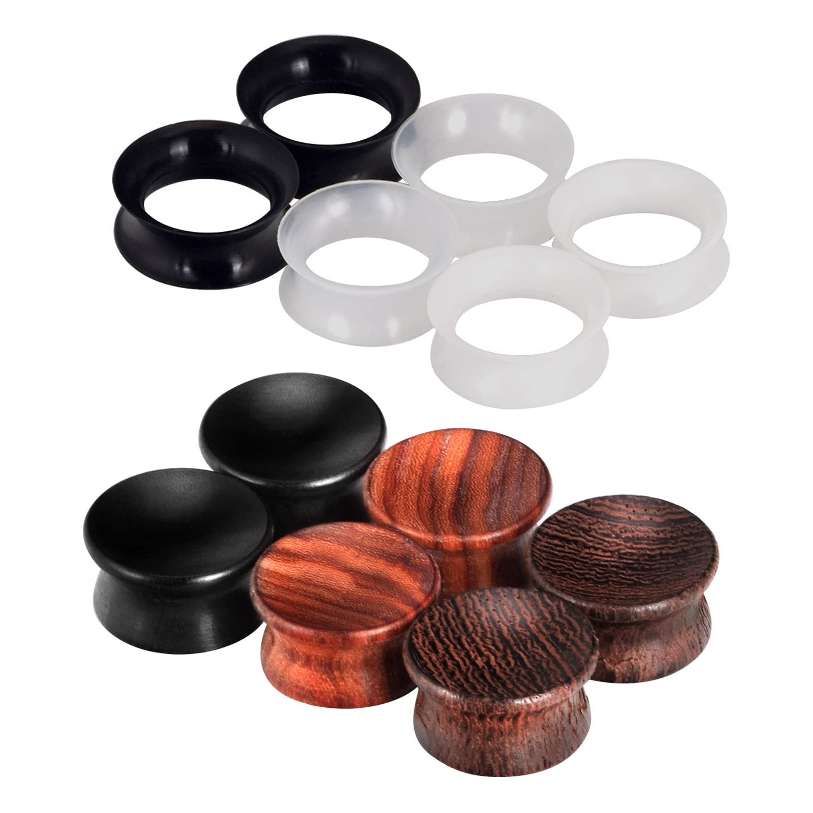 YOFANST 12pcs Brown Wood Plugs Black White Clear Silicone Ear Tunnels Earrings Stretcher Piercing Gauge 2g-7/8 inch