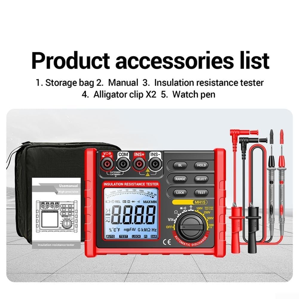 MH15 Digitaler Isolationswiderstandsmesser mit großem LCD-Display mit Hintergrundbeleuchtung, automatische Spannungsfreigabe, Testkabel, Motorschalter