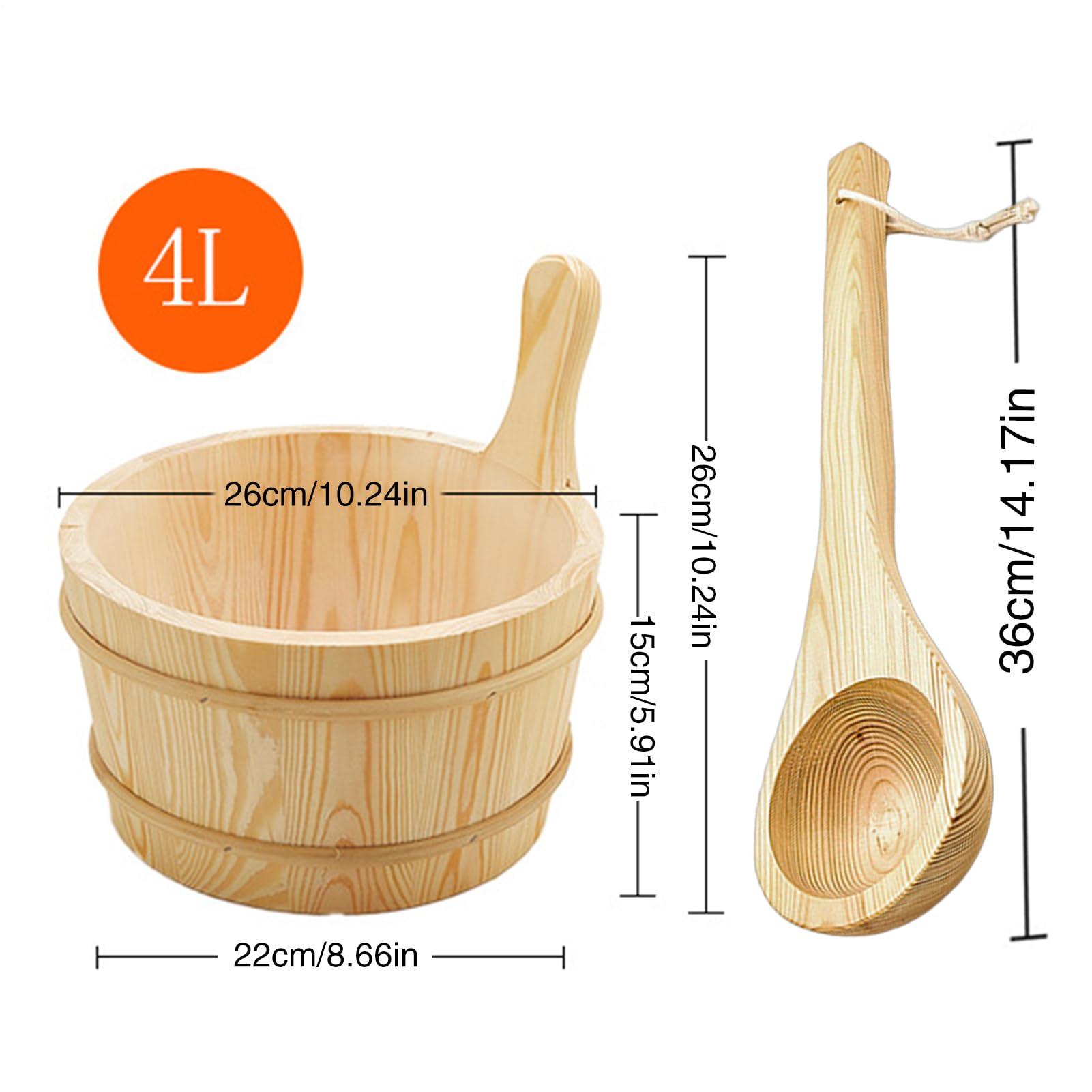 Sauna-Eimer und Schöpflöffel-Set, langer Griff, auslaufsicher, 4 l Fassungsvermögen, Duschzubehör, Holzbad-Werkzeuge für Zuhause, Garten, Haus, Hotel, Wohnung, Hinterhof, Outdoor, Dampfbad, Badezimmer